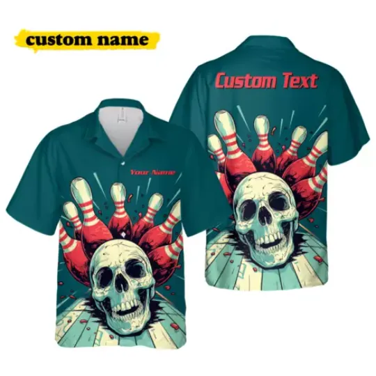 Custom Bowling Shirt For Men Skull Pins Personalize Name Bowling Hawaiian Shirt