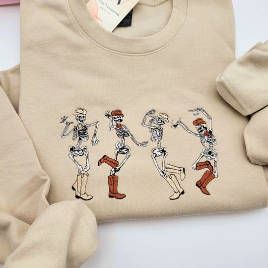 Halloween Sweatshirt Embroidered | Halloween Embroidered Sweatshirt | Dancing Skeleton Sweatshirt | Skeleton Sweatshirt