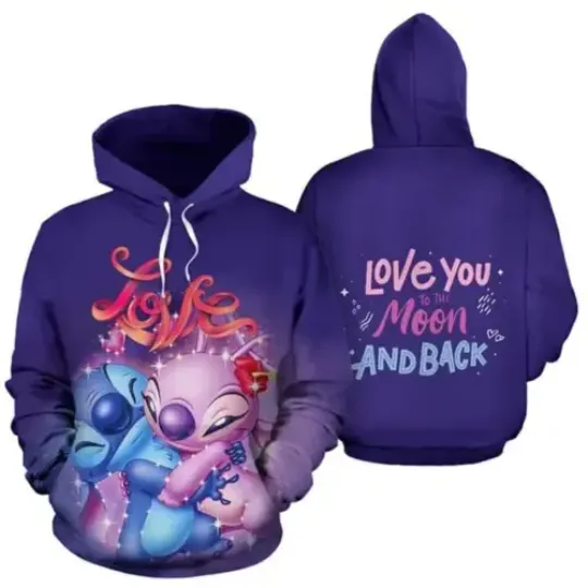 Stitch And Angel Love You To The Moon And Back Valentine 3D HOODIE