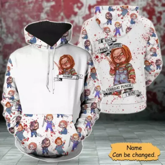 Personalized Chucky Rock Paper Scissors Throat Punch I Win 3D HOODIE