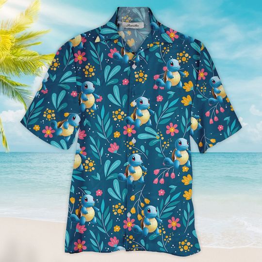 Squirtle Hawaii Shirt Tropical Beach Summer, Button Up Graphic Gift Family Squirtle Hawaii Shirt, Short, Wartortle Blastoise Hawaii Shirt