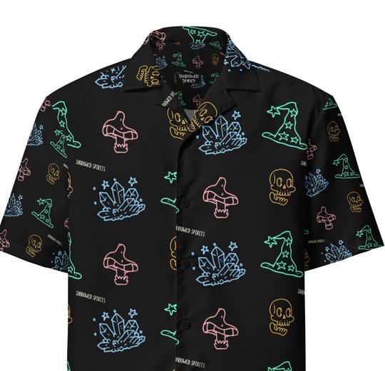 Trippy Magic Mushroom Vibrant Color Print Unisex Black Button Up Shirt Festival rave edm dj outfit summer lightweight custom top