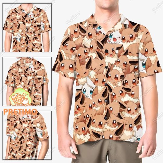 Eevee Hawaiian Shirt, PKM Eevee Shirt, Eevee Summer Shirt, Japanese Anime Shirt, Eevee Birthday Shirt, PKM Hawaiian Shirt