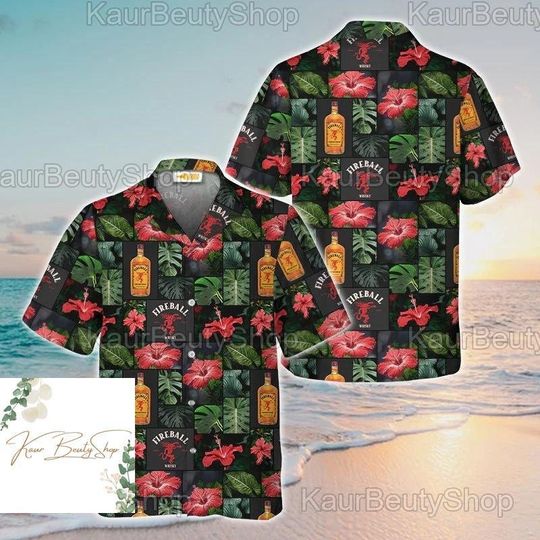 Halloween Fireball Hawaii Shirt, Fireball Tropical Flower Hawaiian Shirt, Fireball Button Shirt, Button Up Shirt, Whisky Summer Shirt
