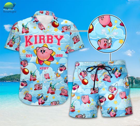 Pink Kirby Hawaiian Shirt | Kirby Hawaiian Shirt | Kirby Video Game Family Vacation Shirt | Summer Vacation Shirt | Family Trip Outfit