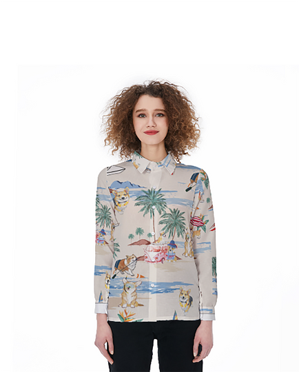 Corgi Women's Blouses Shirt, Corgi Shirts For Women, Cute Corgi Shirt, Linen Long Sleeve, Corgi Button Up Shirt, Gift For Mother, Dog Lover Gift