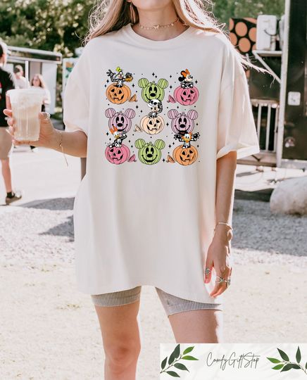Mickey and Friends Skeleton Pumpkin Disney Halloween Short Sleeve Cotton Shirt, Graphic Tshirt for men, women, Unisex, Halloween Gifts