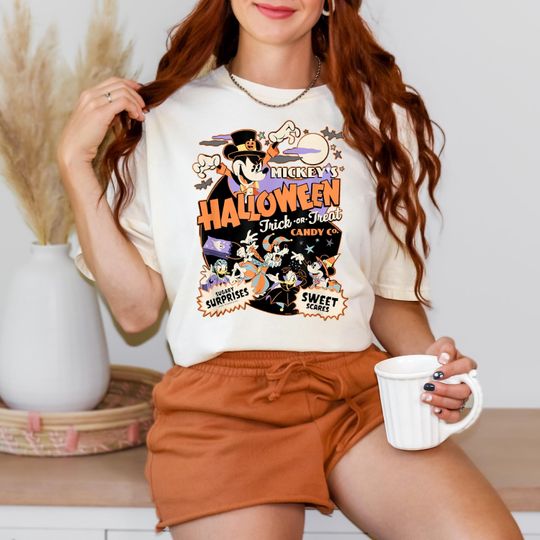 Comfort Colors Retro Disney Mickey Halloween Trick Or Treat Short Sleeve Cotton Shirt, Graphic Tshirt for men, women, Unisex, Halloween Gifts