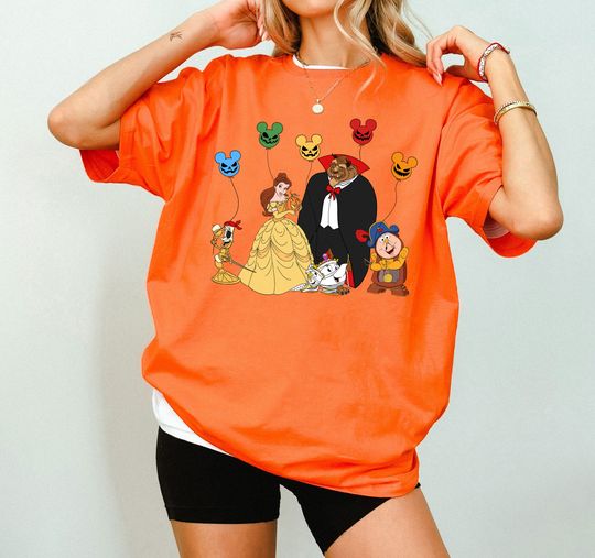 Disney Mickey Halloween Balloon Beauty and The Beast Cotton Tee, Graphic Tshirt for men, women, Unisex, Trending Halloween Gifts