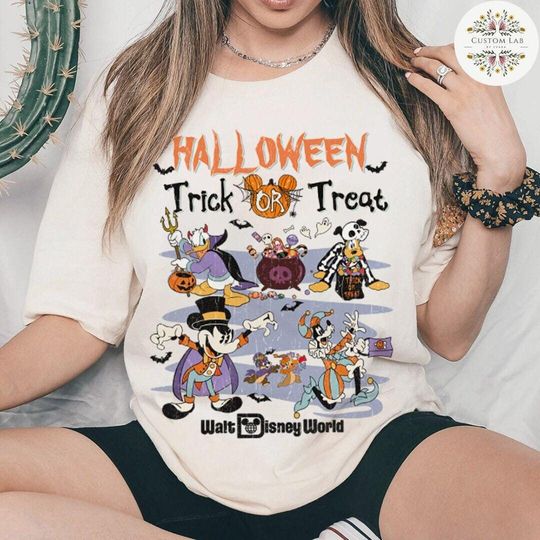 Retro Mickey and Friends Trick or Treat Disney Halloween Cotton Tee, Graphic Tshirt for men, women, Unisex, Trending Halloween Gifts