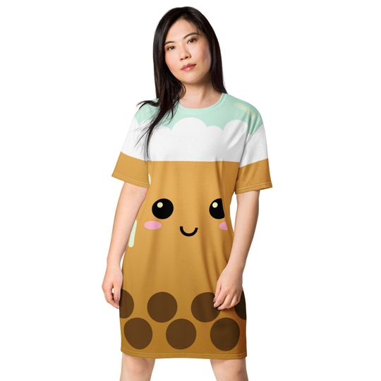 Cute Boba cup T-shirt dress, Kawaii gift for her or him, boba birthday party, Holiday gift for teens and adults