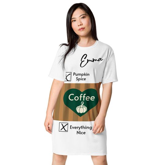 Coffee gift t-shirt dress, Pumpkin spice Coffee, Personalized coffee gift shirt, gift for her, coffee lover gift