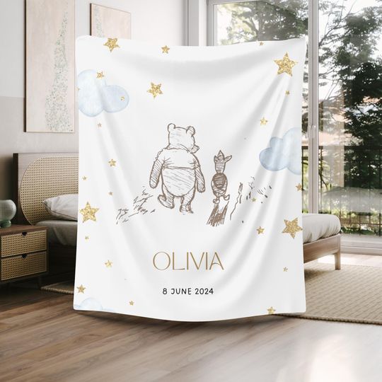 Winnie the Pooh Baby Blanket - Personalized Disney Gift, Soft Plush Winnie the Pooh Baby Swaddle, Plush Blanket, Couch Throw Gift