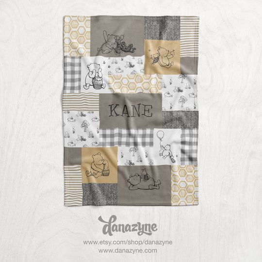 Personalized Pooh Baby Name Blanket - Unisex Classic Winnie the Pooh Nursery Theme - Minky, Thin Swaddle, Sherpa Back, or Outdoor Faux Quilt