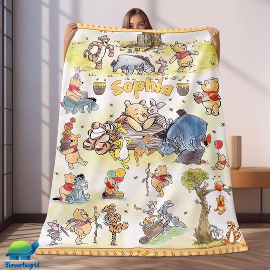 Personalized Watercolor Winnie the Pooh Blanket | Pooh and Friends Fleece Blanket | Eeyore Tigger Piglet Blanket | Pooh Bear Fleece Blanket