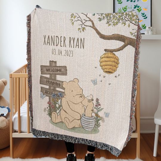 Custom Winnie the Pooh woven baby blanket, Pooh Bear Baby Shower Gift, Classic Pooh Bear Gift, New Mom baby newborn gift, baby kids name