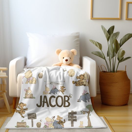 Personalized Winnie the Pooh Name Blanket | Classic Pooh Name Blanket | New Baby Gift | Custom Pooh Bear Theme Nursery | Baby Shower Gift