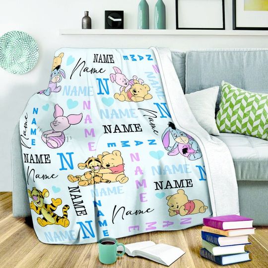 Personalized Winnie The Pooh Blanket, Custom Name Pooh And Friends Blanket, Pooh Birthday Blanket Gift, Family Party Blanket, Bedding Decor