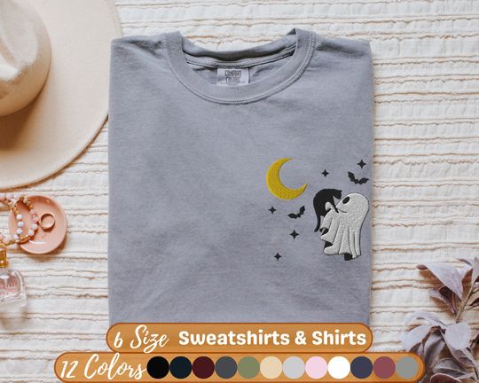 Embroidered Halloween Ghost Sweatshirt, Ghost Holding Black Cat Under The Moon Sweater