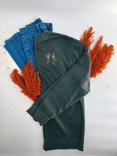 Halloween Pumpkin Skeleton Embroidered Crewneck Sweatshirt, Jack-O-Lantern Sweatshirt