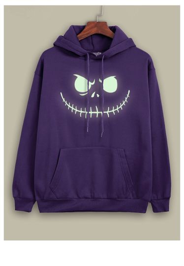 Mens or Ladies Glow In the Dark Pumpkin Jack Face Halloween Hooded Hoodie