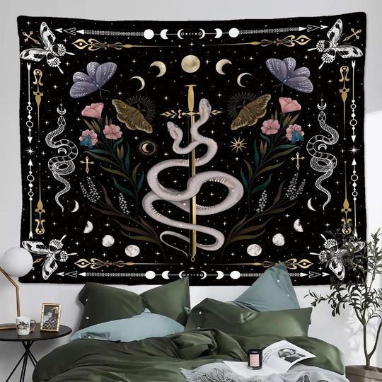 Snake Tapestry Moon Phase And Stars Butterfly Night Tapestries Wall Hanging For Living Room Bedroom | Halloween Decoration | Spiritual Decor
