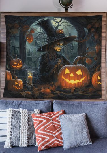 Witch Tapestry, Halloween Art Tapestry, Spooky Home Decor, Whimsigoth Decor, Gothic Art, Halloween Wall Art, Haunted House Art, Scary Art