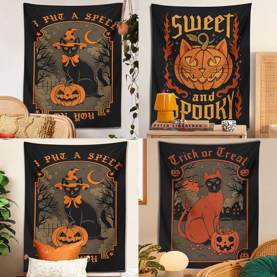 Halloween Cat Tapestry, Witch Black Cat Wall Decoration, Pumpkin Cat Wall Art, Party Backgound, Best Room Decoration, Best Unique Gift