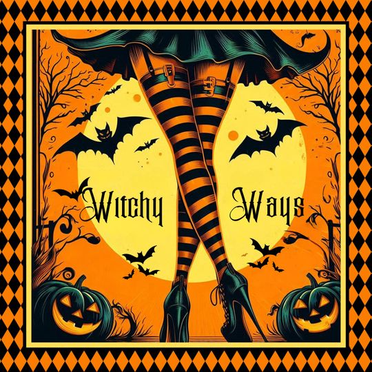 Enchanting Halloween Witch Wreath Sign - Witchy Ways Decor - Spooky Black & Orange Harlequin Border - Halloween Wall Art