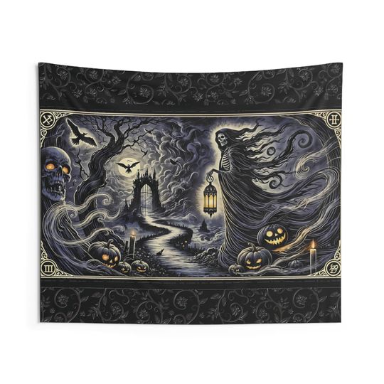Goth Halloween Tapestry Wall Decor: "The Hermit" Tarot Card Inspired Gothic Trick or Treat / Haunted House Wall Hanging