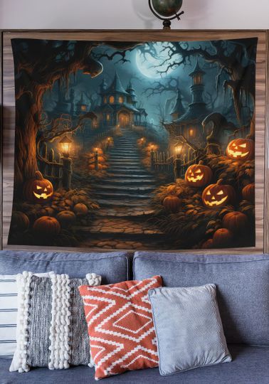 Witch Tapestry, Halloween Art Tapestry, Spooky Home Decor, Whimsigoth Decor, Gothic Art, Halloween Wall Art, Haunted House Art, Scary Art