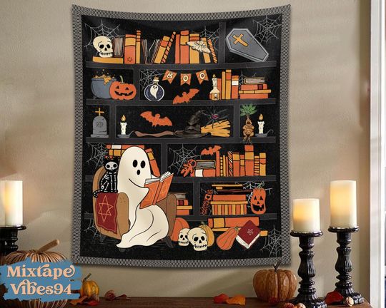 Halloween Library Tapestry, Ghost Books Halloween Banner, Teacher Halloween Decor, Book Lover, Halloween Reading, Book Club, Halloween Ghost