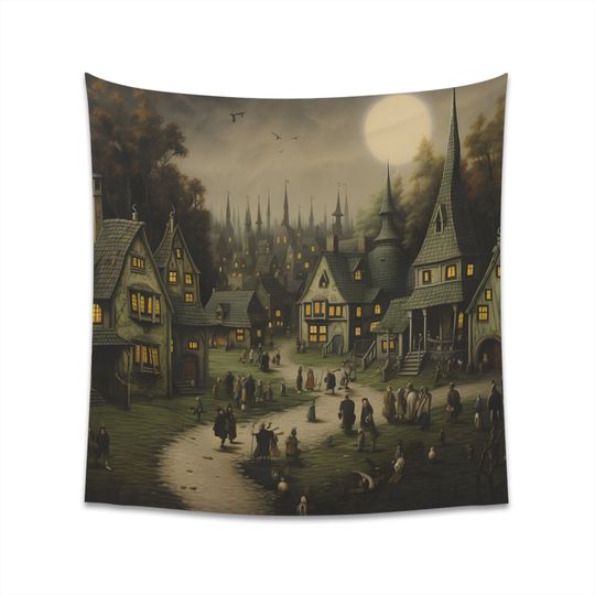 whimsical town, whimsitgoth, town of whimsy, Halloween, dark academia, Halloween banner, aesthetic tapestry, goth tapestry