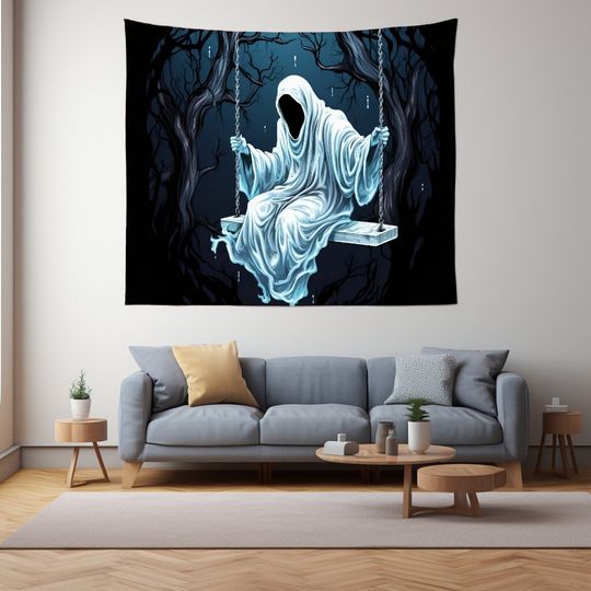 Ghost On A Swing, Spooky Ghost, Spooky Ghost Face, Spooky Gothic, Haunted Ghost, Halloween - Indoor Wall Tapestries