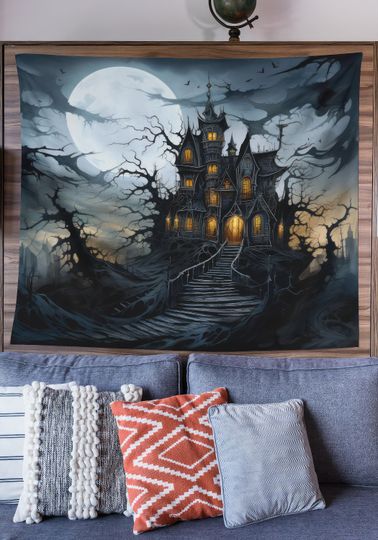 Haunted House Tapestry, Halloween Art Tapestry, Spooky Home Decor, Whimsigoth Decor, Gothic Art, Halloween Wall Art, Haunted Art, Scary Art