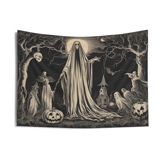 Gothic Halloween Tapestry, Spooky Ghost Wall Art, Creepy Halloween Decor, Gothic Wall Hanging, Eerie Ghost Tapestry, Dark Halloween Art