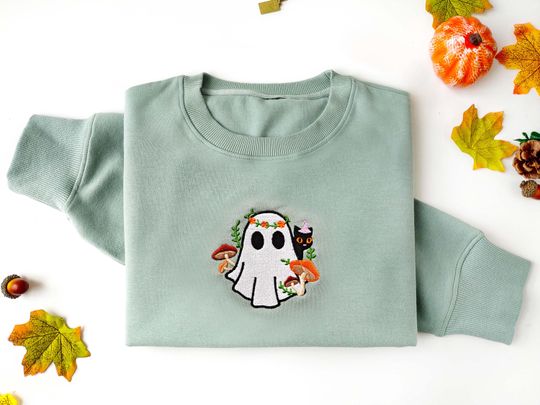 HALLOWEEN SWEATSHIRT,Embroidered Ghost Black Cat Sweatshirt