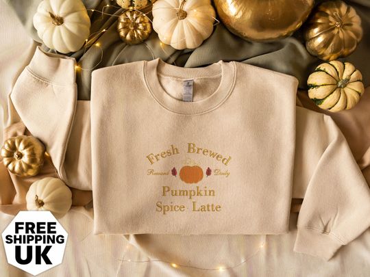Pumpkin Spice Latte Embroidered Sweater, Fall Autumn Leaves Crewneck Sweatshirt