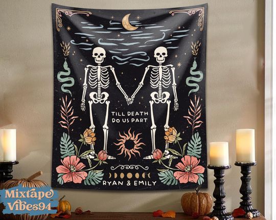 Skeleton Couple Tapestry, Halloween Decor, Custom Skeleton Couple Gift, Couple Gothic Tapestry, Halloween Gift For Her, Halloween Wall Decor