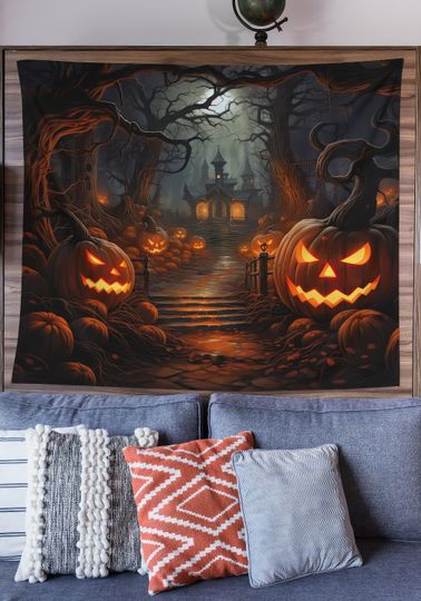 Witch Tapestry, Halloween Art Tapestry, Spooky Home Decor, Whimsigoth Decor, Gothic Art, Halloween Wall Art, Haunted House Art, Scary Art