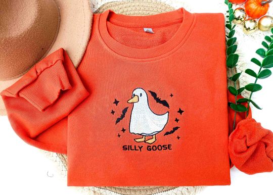 Embroidered Ghost Duck Sweatshirt, Animal Lover Sweatshirt,Silly Goose Crewneck Sweatshirt