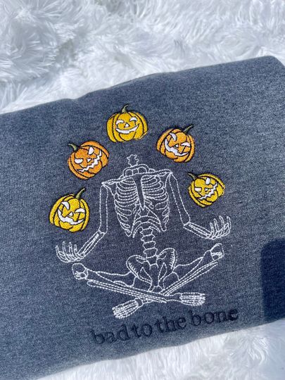 SKELETON HALLOWEEN SWEATSHIRT Embroidered Crewneck Spooky Sweatshirt