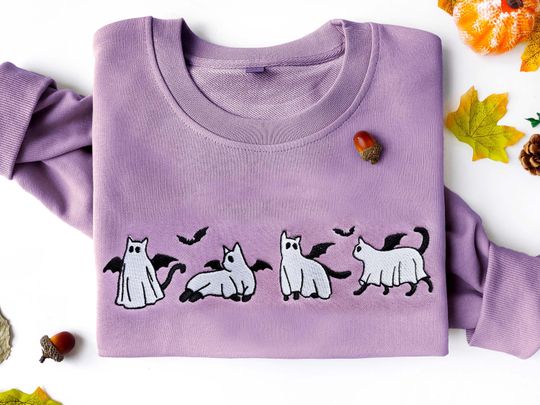 Embroidered Black Cat Sweatshirt, Halloween Sweatshirt,Embroidered Ghost Cats Sweatshirt
