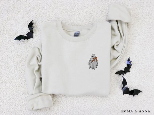 Embroidered Ghost Sweatshirt, Halloween Sweatshirt, Orange Cat, Fall Sweatshirt for Women