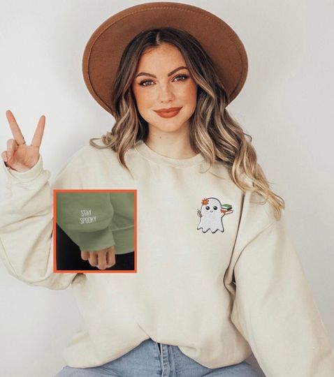 EMBROIDERED TEACHER GHOST Halloween Sweatshirt,  embroidered crewneck