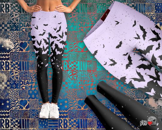 Bat Swarm Pastel Goth Leggings | Spooky Cute with Black Bats | Halloween legging Yoga Pants | Kawaii Clothes
