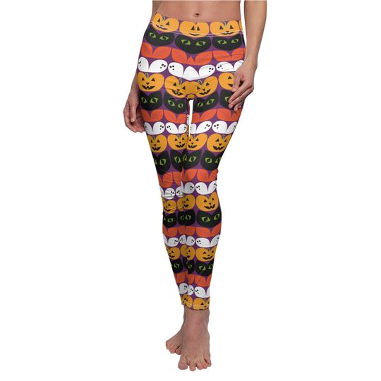 Halloween Leggings Women's, Halloween Cat, Jack-o'-lantern Pumpkin, Ghost, Leaves Fall Leggings, Yoga Pants Halloween Costume Witch Leggings