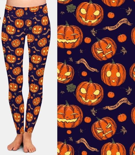 Trick or Treat Halloween Pumpkin Printed Leggings, Buttery Soft Fabric, Recycled Material, Super Soft and Stretchy