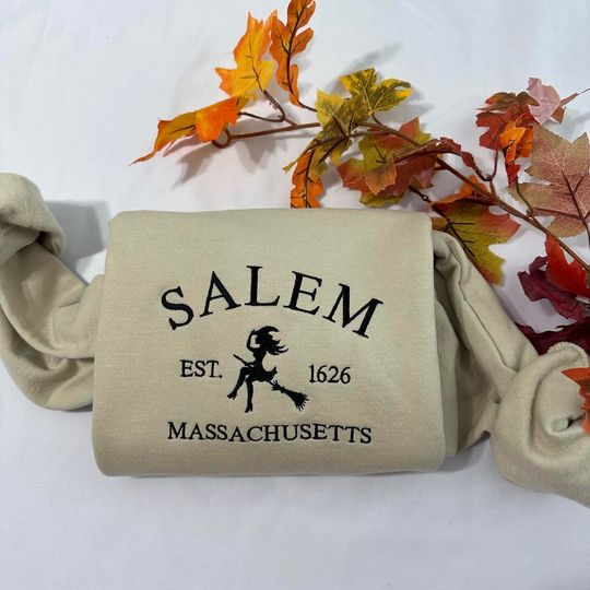 Salem Witch embroidered sweatshirt; Massachusetts embroidered crewneck