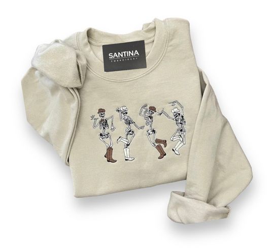 Embroidered Cowboy Skeletons Sweatshirt,  Dancing Skeletons Sweatshirt Halloween Crewneck